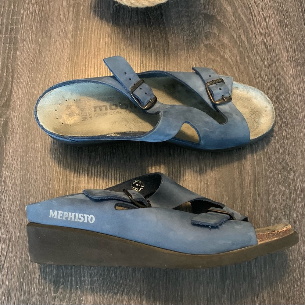MEPHISTO Navy Leather Elka Wedges Sandals 11 / 42
